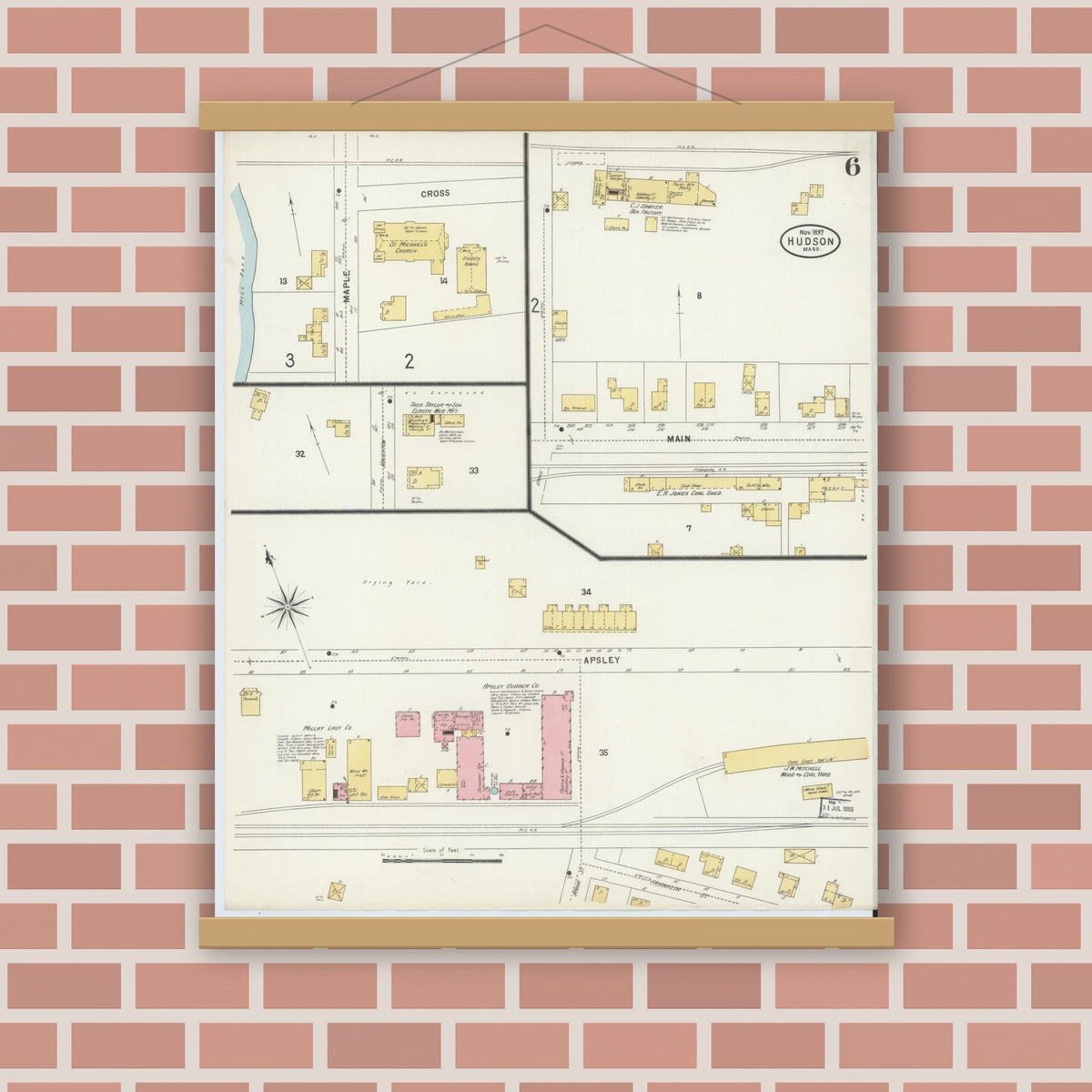 Old map wall art mockup — magnetic wood frame on brick wall — Sanborn Fire Insurance Map from Hudson, Middlesex County, Massachusetts (1897), Sheet #0006