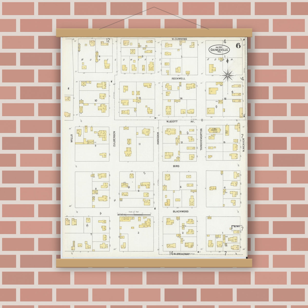 Old map wall art mockup — magnetic wood frame on brick wall — Sanborn Fire Insurance Map from Gainesville, Cooke County, Texas (1902), Sheet #0006