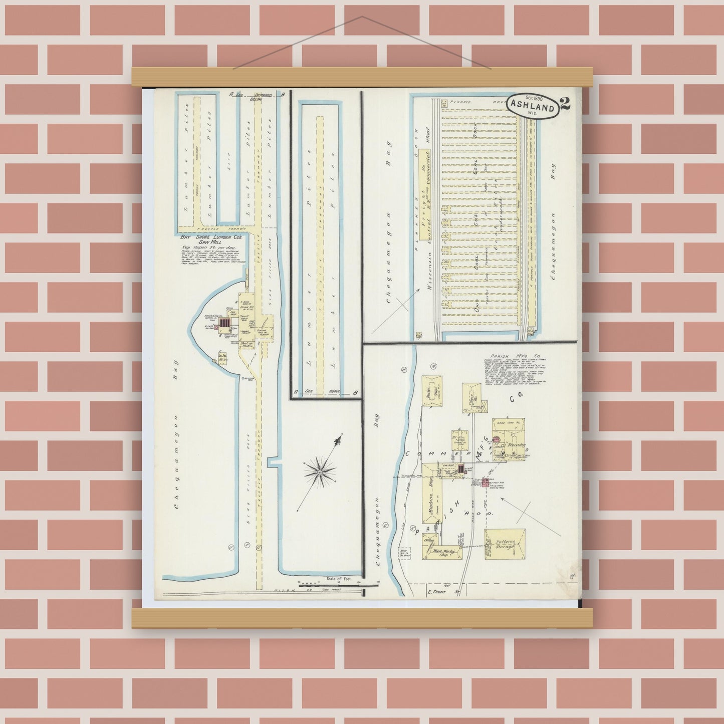 Old map wall art mockup — magnetic wood frame on brick wall — Sanborn Fire Insurance Map from Ashland, Ashland County, Wisconsin (1890), Sheet #0002