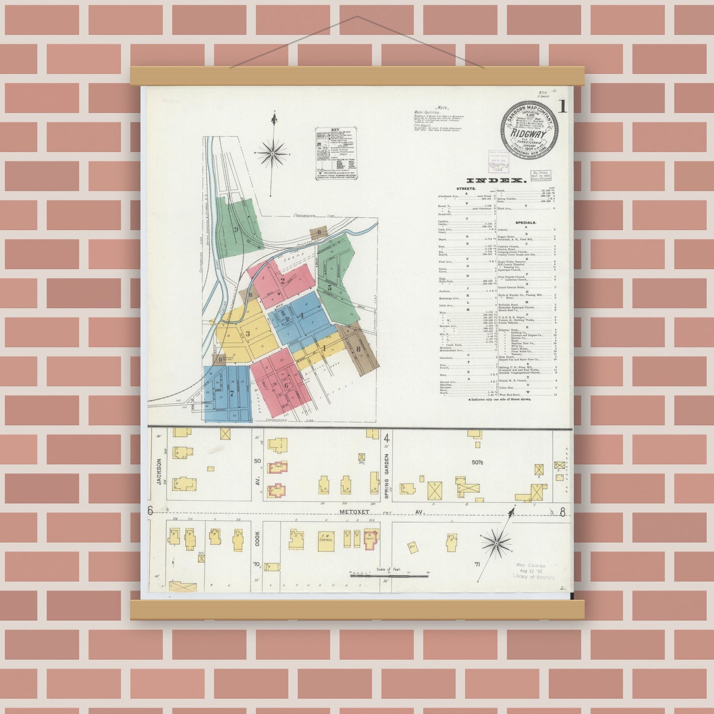 Old map wall art mockup — magnetic wood frame on brick wall — Sanborn Fire Insurance Map from Ridgway, Elk County, Pennsylvania (1904) - Complete Map Set