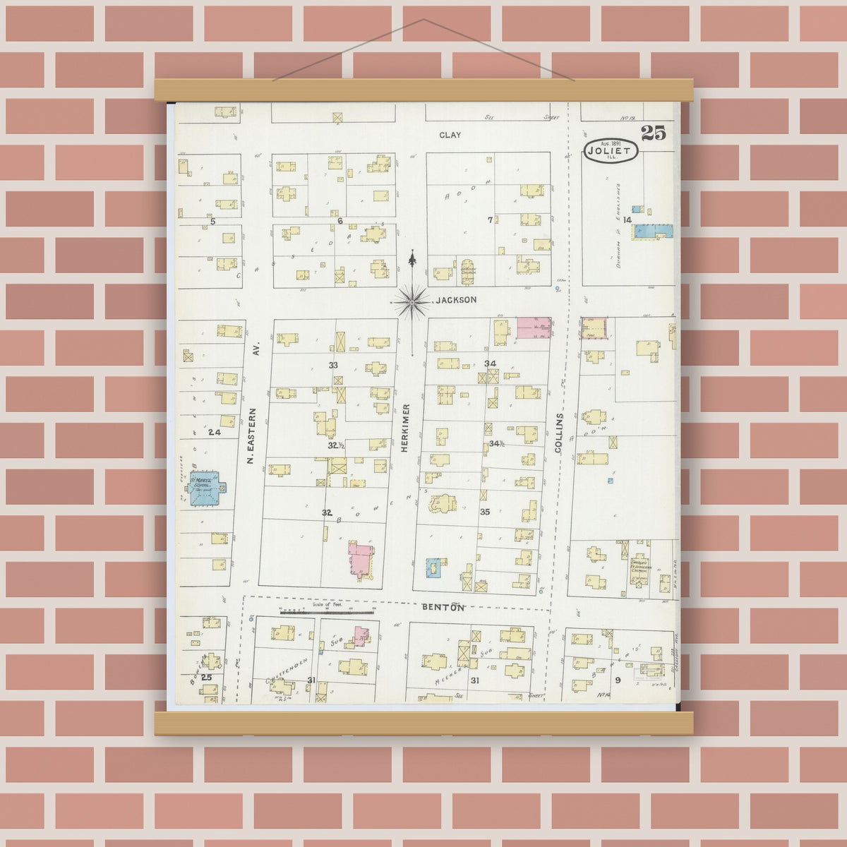 Old map wall art mockup — magnetic wood frame on brick wall — Sanborn Fire Insurance Map from Joliet, Will County, Illinois (1891), Sheet #0025