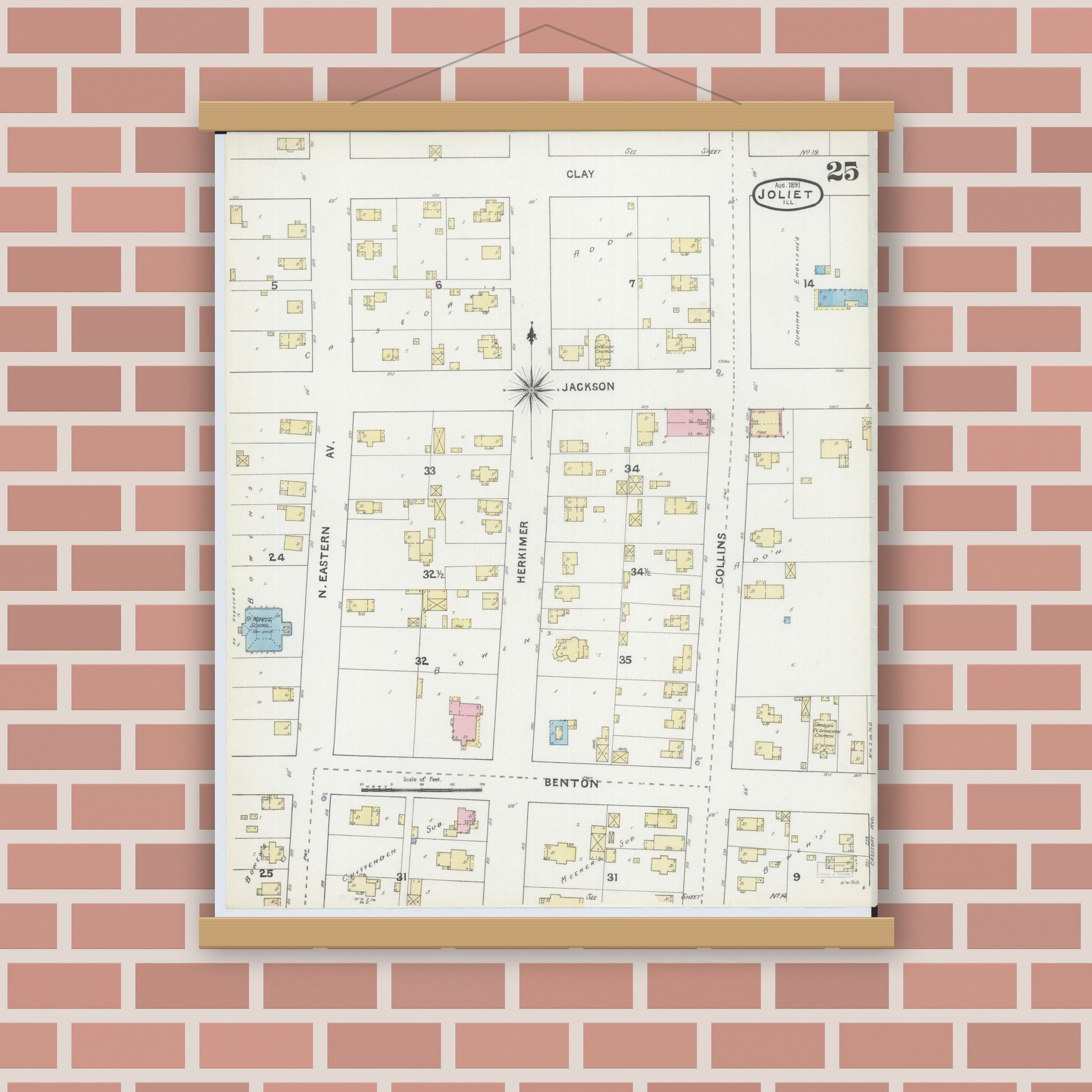 Old map wall art mockup — magnetic wood frame on brick wall — Sanborn Fire Insurance Map from Joliet, Will County, Illinois (1891), Sheet #0025