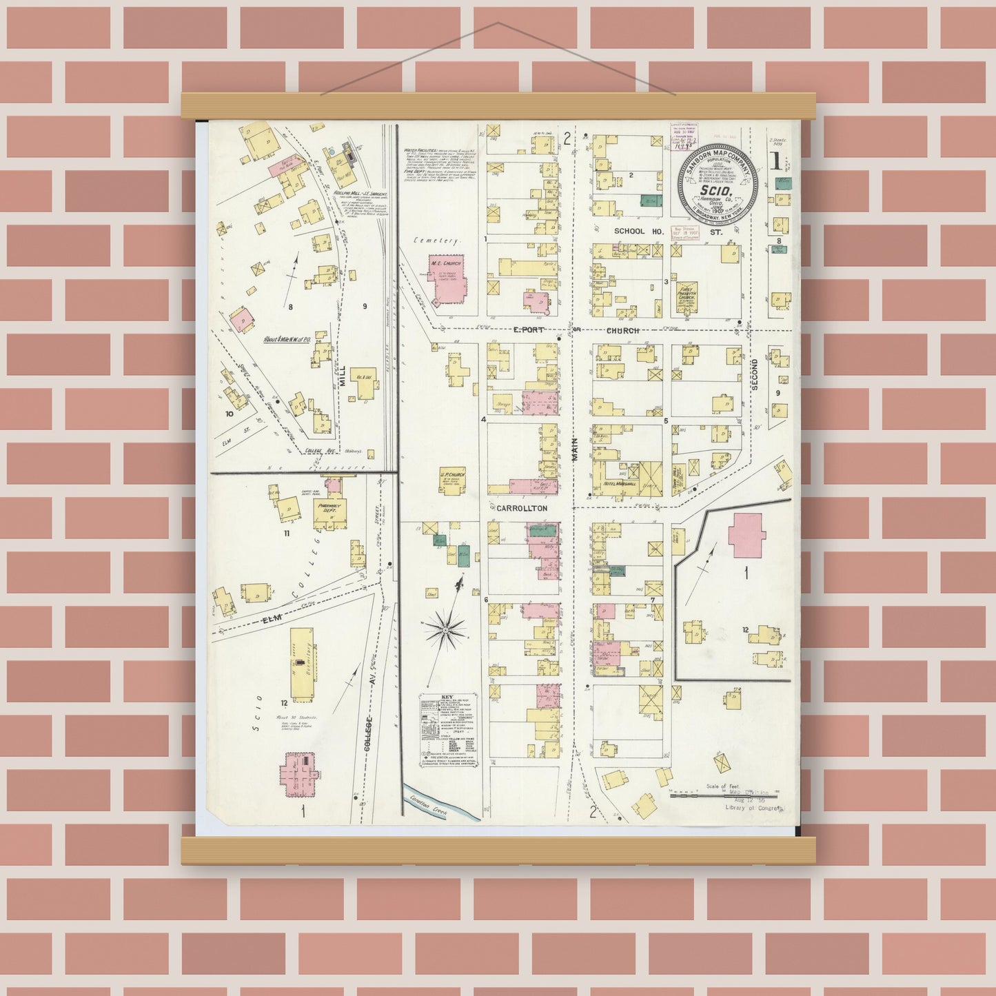 Old map wall art mockup — magnetic wood frame on brick wall — Sanborn Fire Insurance Map from Scio, Harrison County, Ohio (1907) - Complete Map Set