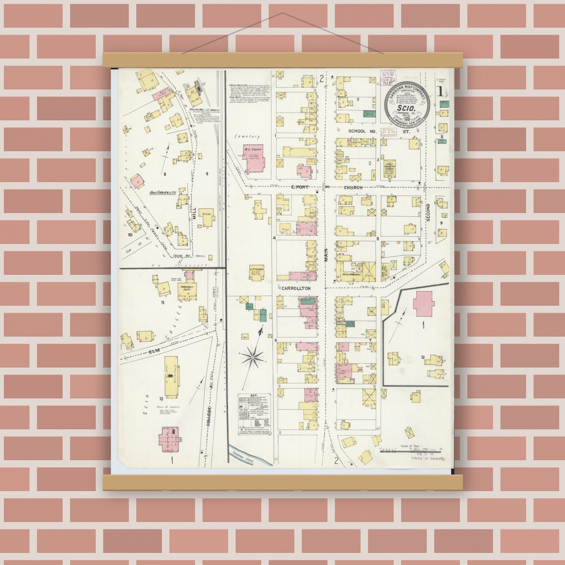 Old map wall art mockup — magnetic wood frame on brick wall — Sanborn Fire Insurance Map from Scio, Harrison County, Ohio (1907) - Complete Map Set