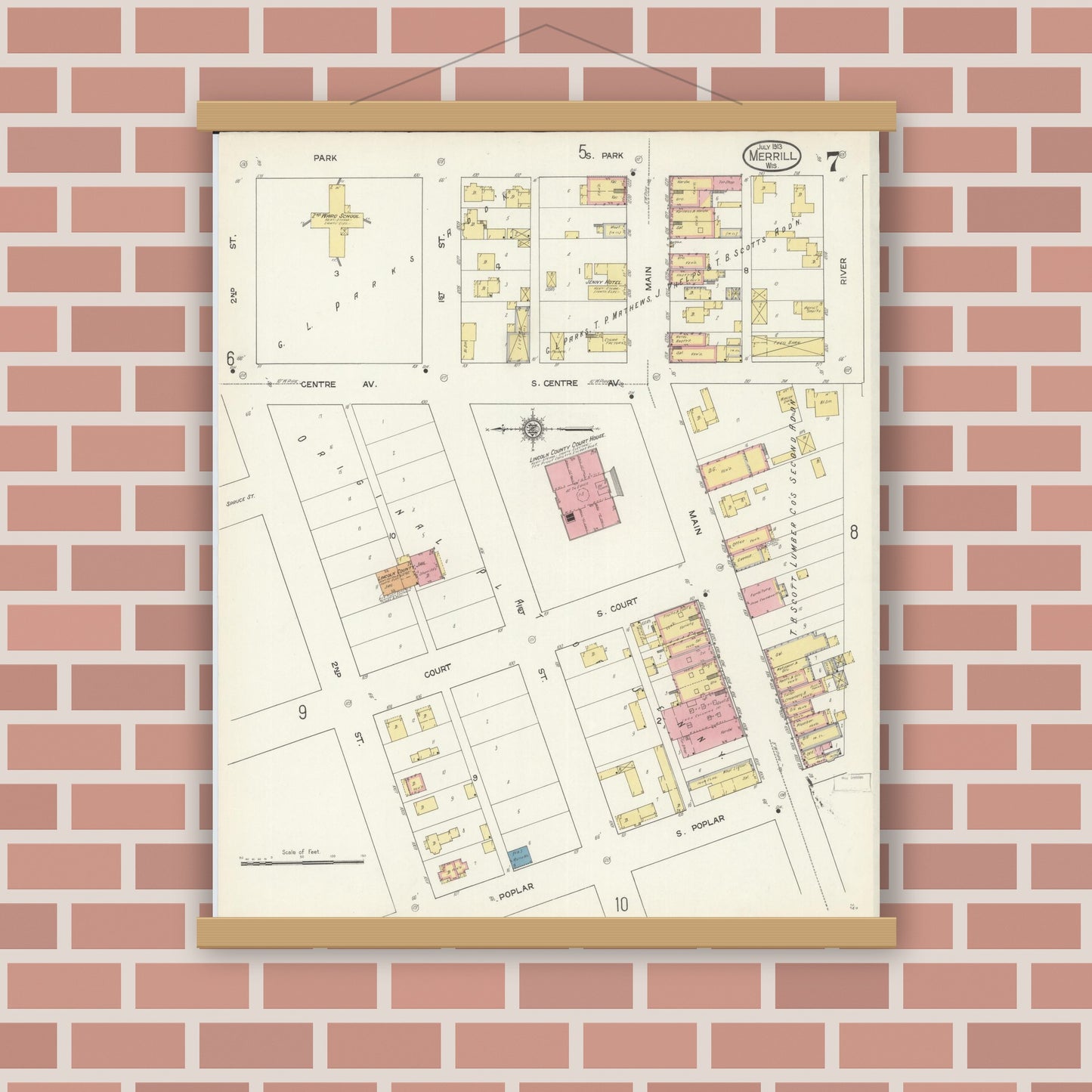 Old map wall art mockup — magnetic wood frame on brick wall — Sanborn Fire Insurance Map from Merrill, Lincoln County, Wisconsin (1913), Sheet #0007
