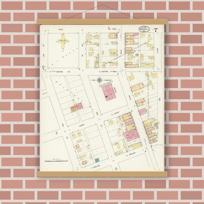 Old map wall art mockup — magnetic wood frame on brick wall — Sanborn Fire Insurance Map from Merrill, Lincoln County, Wisconsin (1913), Sheet #0007