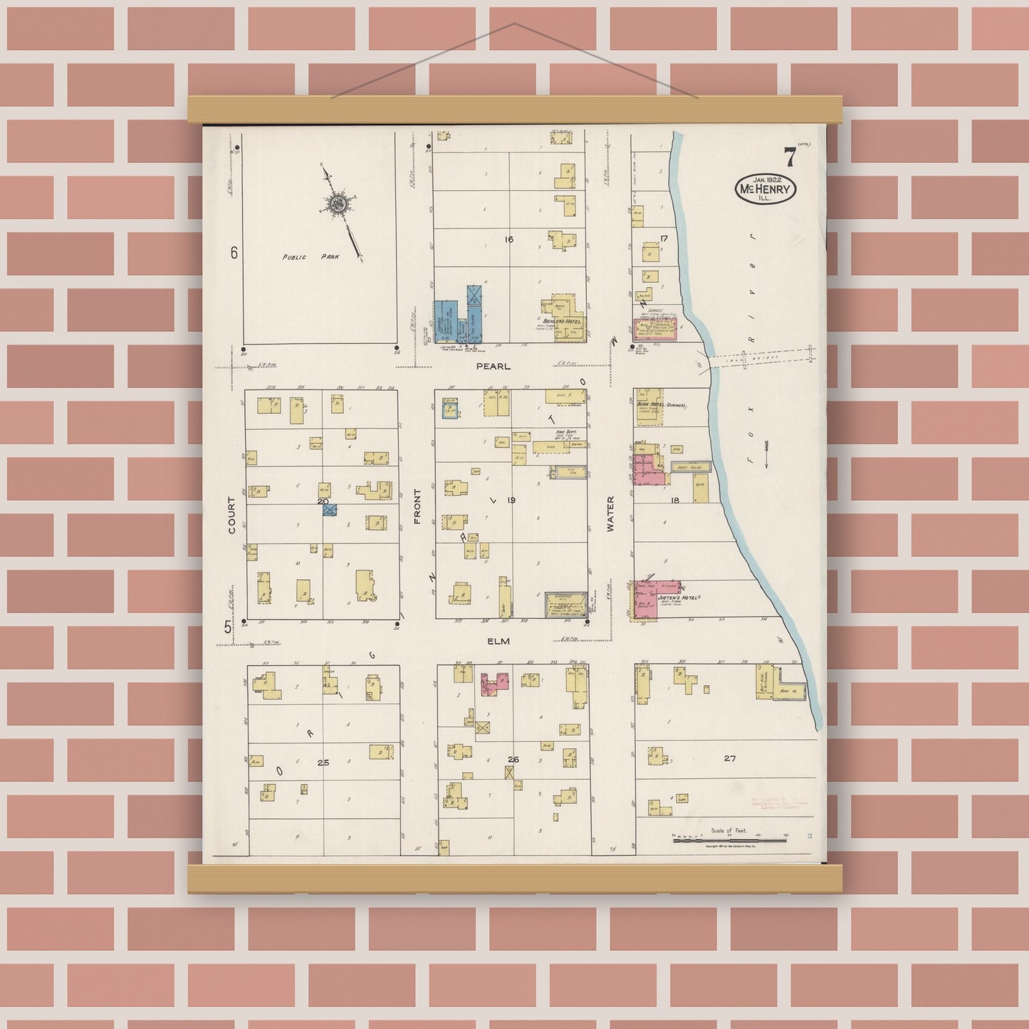 Old map wall art mockup — magnetic wood frame on brick wall — Sanborn Fire Insurance Map from McHenry, McHenry County, Illinois (1922), Sheet #0007