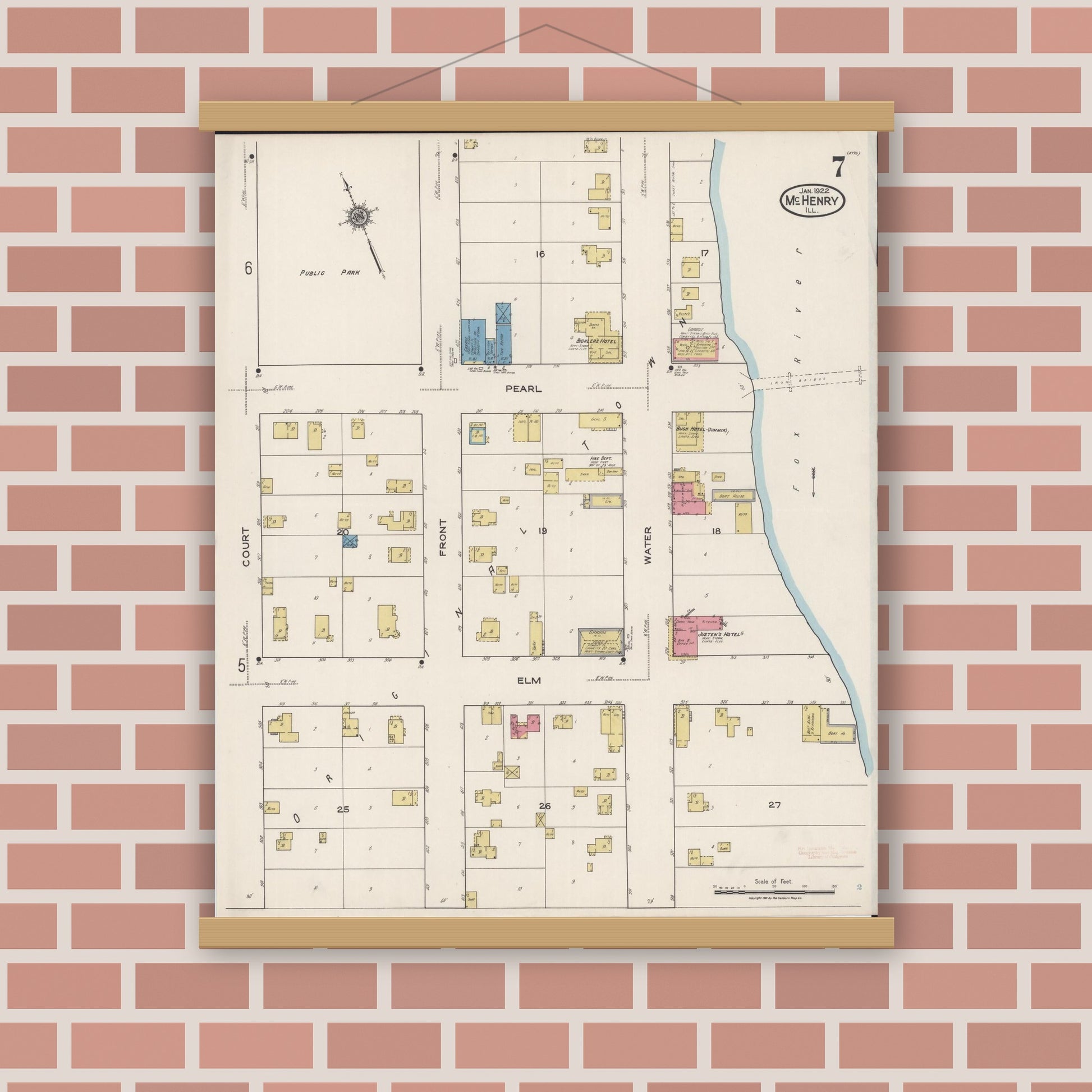 Old map wall art mockup — magnetic wood frame on brick wall — Sanborn Fire Insurance Map from McHenry, McHenry County, Illinois (1922), Sheet #0007