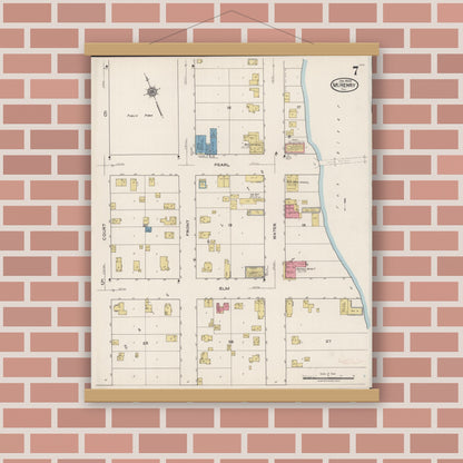Old map wall art mockup — magnetic wood frame on brick wall — Sanborn Fire Insurance Map from McHenry, McHenry County, Illinois (1922), Sheet #0007
