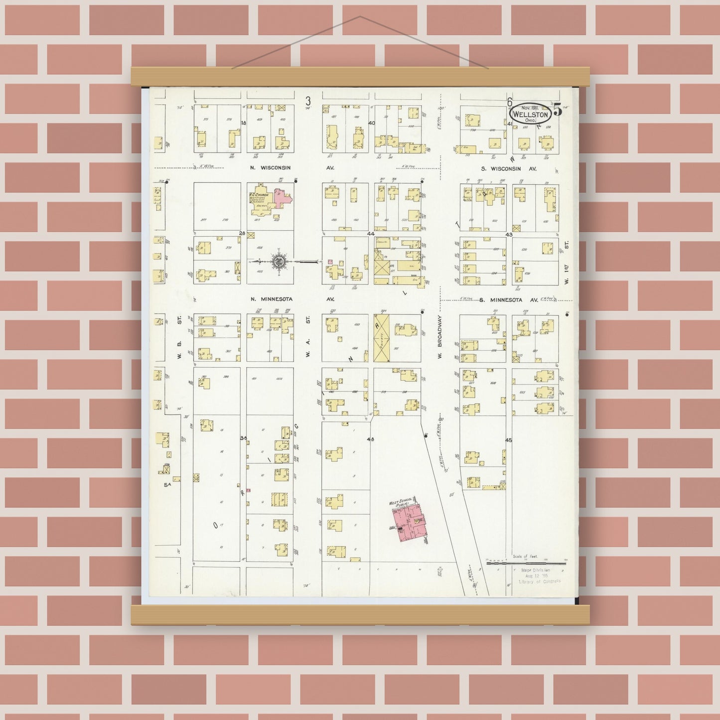 Old map wall art mockup — magnetic wood frame on brick wall — Sanborn Fire Insurance Map from Wellston, Jackson County, Ohio (1911), Sheet #0005