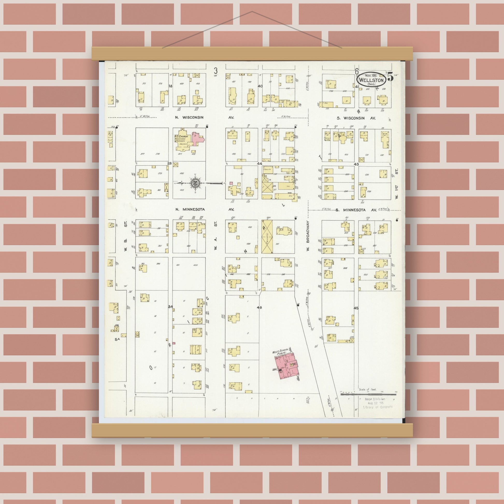 Old map wall art mockup — magnetic wood frame on brick wall — Sanborn Fire Insurance Map from Wellston, Jackson County, Ohio (1911), Sheet #0005