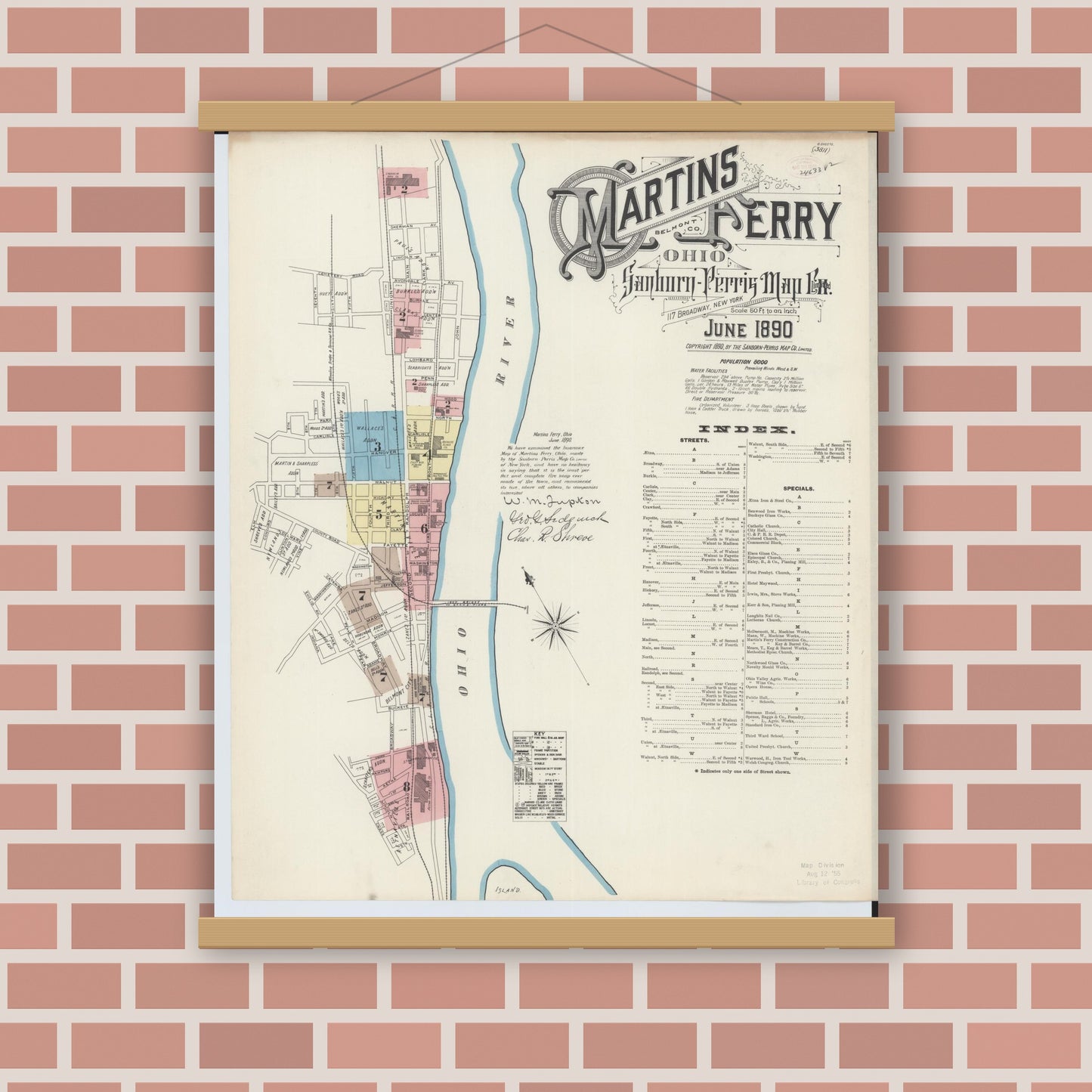 Old map wall art mockup — magnetic wood frame on brick wall — Sanborn Fire Insurance Map from Martins Ferry, Belmont County, Ohio (1890), Sheet #0001