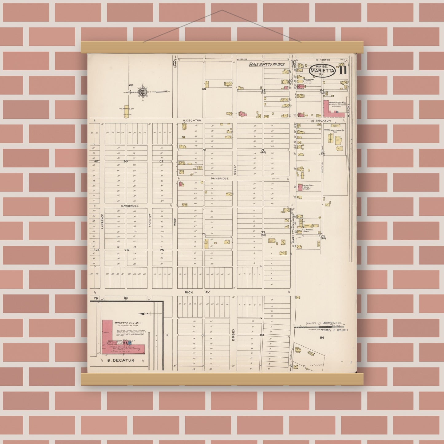 Old map wall art mockup — magnetic wood frame on brick wall — Sanborn Fire Insurance Map from Marietta, Lancaster County, Pennsylvania (1922), Sheet #0011