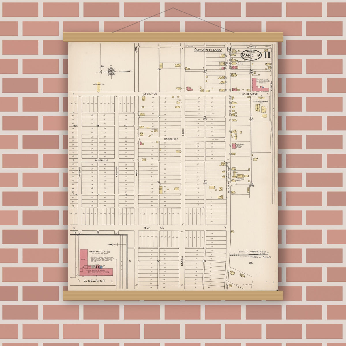 Old map wall art mockup — magnetic wood frame on brick wall — Sanborn Fire Insurance Map from Marietta, Lancaster County, Pennsylvania (1922), Sheet #0011