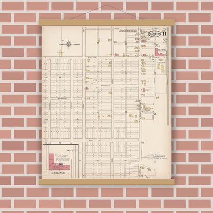 Old map wall art mockup — magnetic wood frame on brick wall — Sanborn Fire Insurance Map from Marietta, Lancaster County, Pennsylvania (1922), Sheet #0011