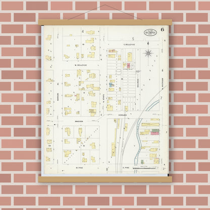 Old map wall art mockup — magnetic wood frame on brick wall — Sanborn Fire Insurance Map from Big Rapids, Mecosta County, Michigan (1908), Sheet #0006