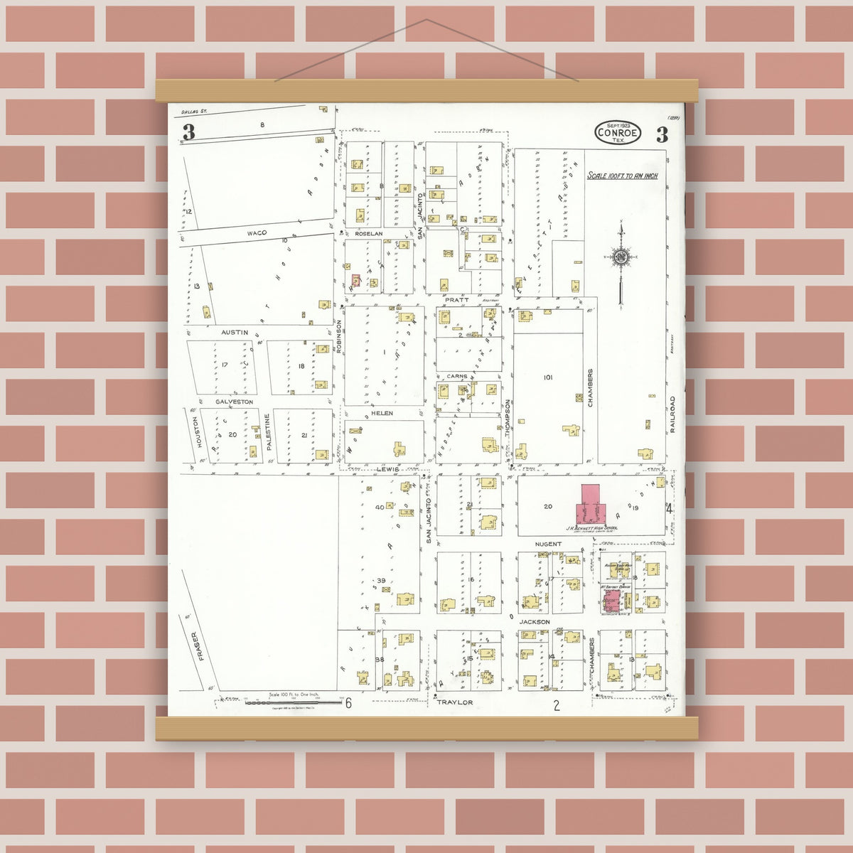 Old map wall art mockup — magnetic wood frame on brick wall — Sanborn Fire Insurance Map from Conroe, Montgomery County, Texas (1923), Sheet #0003