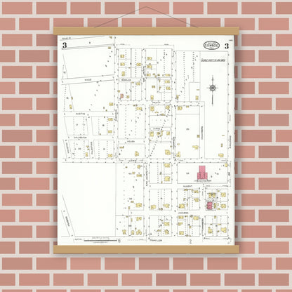 Old map wall art mockup — magnetic wood frame on brick wall — Sanborn Fire Insurance Map from Conroe, Montgomery County, Texas (1923), Sheet #0003