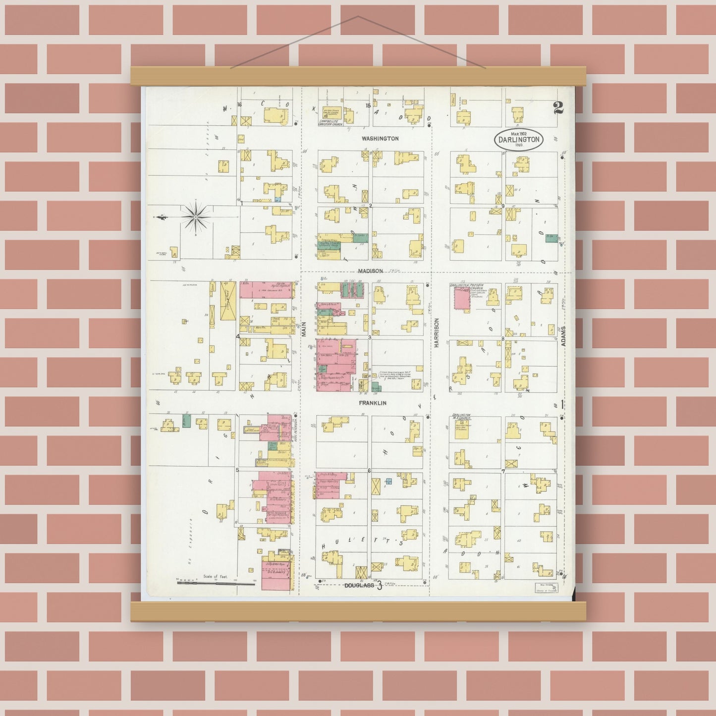 Old map wall art mockup — magnetic wood frame on brick wall — Sanborn Fire Insurance Map from Darlington, Montgomery County, Indiana (1902), Sheet #0002