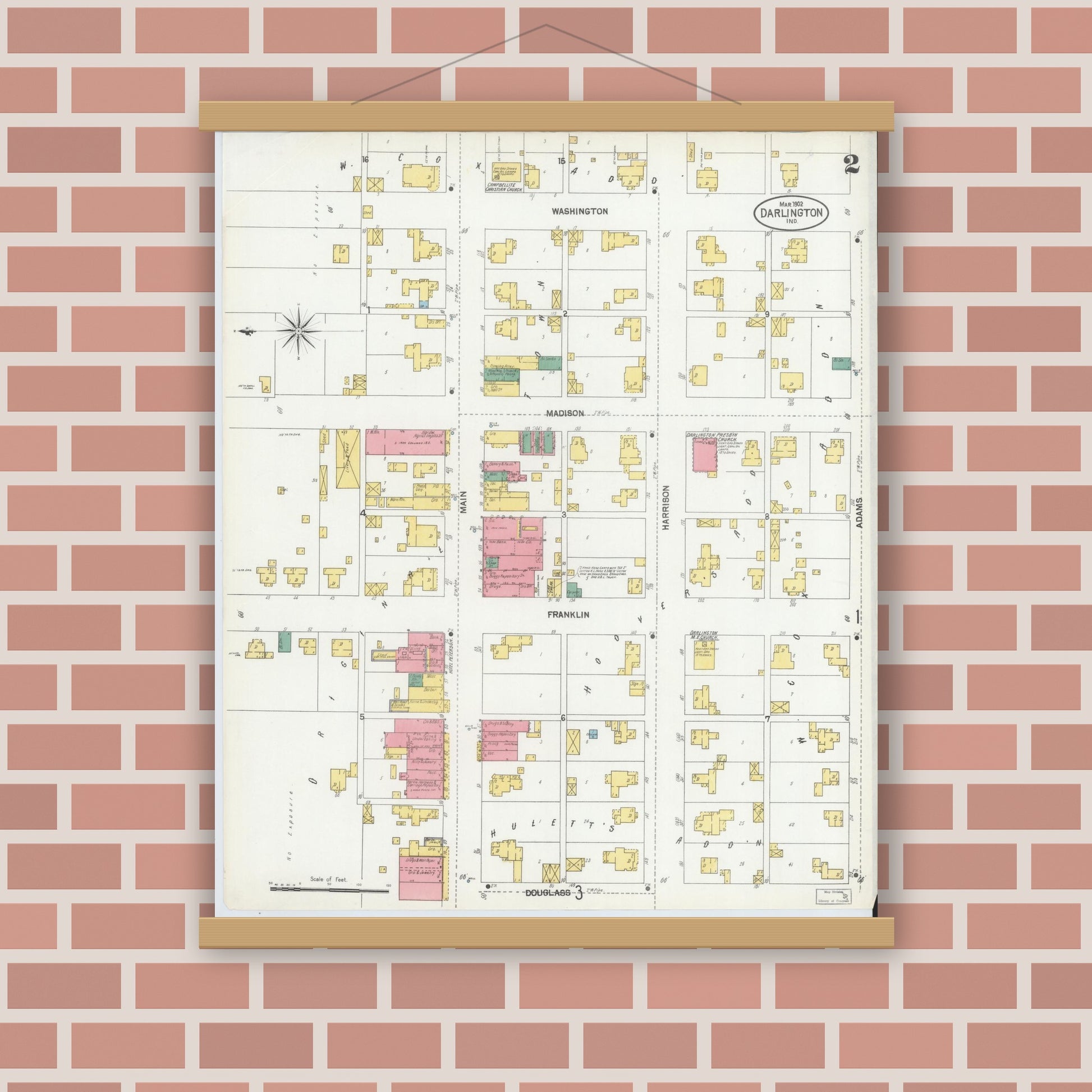 Old map wall art mockup — magnetic wood frame on brick wall — Sanborn Fire Insurance Map from Darlington, Montgomery County, Indiana (1902), Sheet #0002