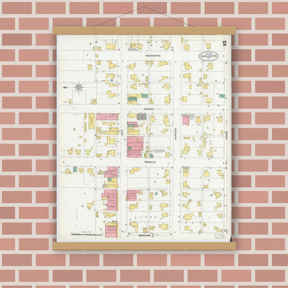 Old map wall art mockup — magnetic wood frame on brick wall — Sanborn Fire Insurance Map from Darlington, Montgomery County, Indiana (1902), Sheet #0002