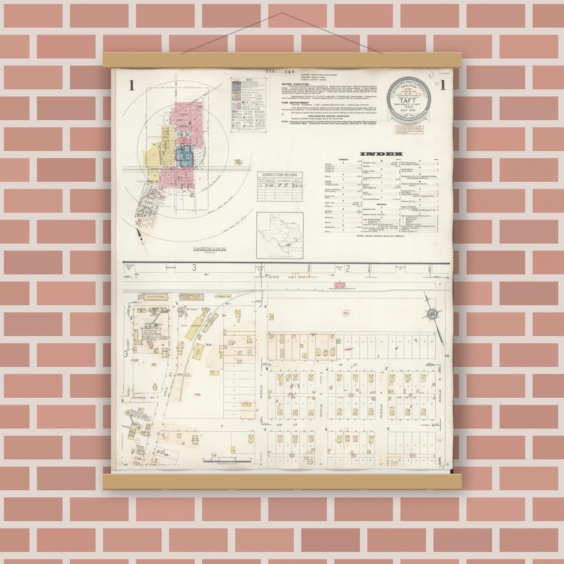 Old map wall art mockup — magnetic wood frame on brick wall — Sanborn Fire Insurance Map from Taft, San Patricio County, Texas (1942) - Complete Map Set