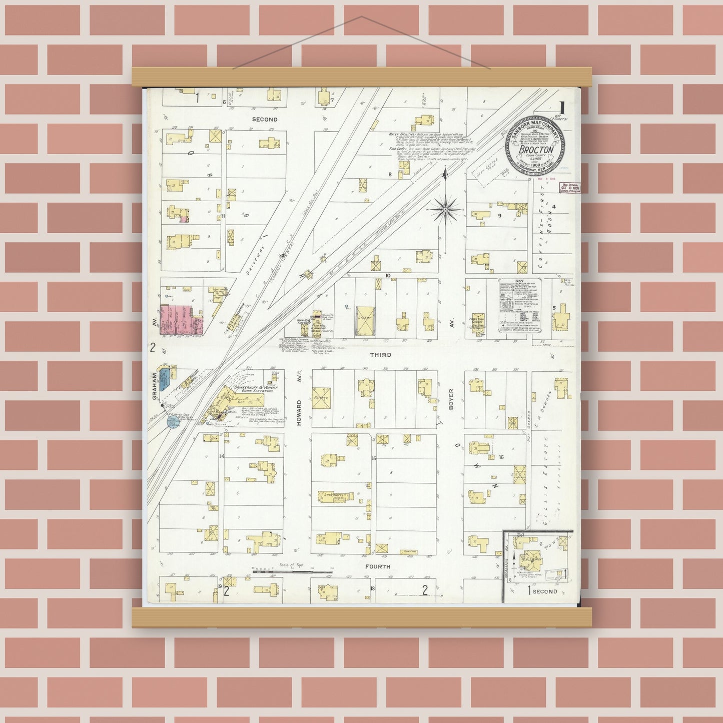 Old map wall art mockup — magnetic wood frame on brick wall — Sanborn Fire Insurance Map from Brockton, Edgar County, Illinois (1909) - Complete Map Set