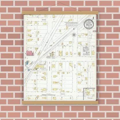 Old map wall art mockup — magnetic wood frame on brick wall — Sanborn Fire Insurance Map from Brockton, Edgar County, Illinois (1909) - Complete Map Set