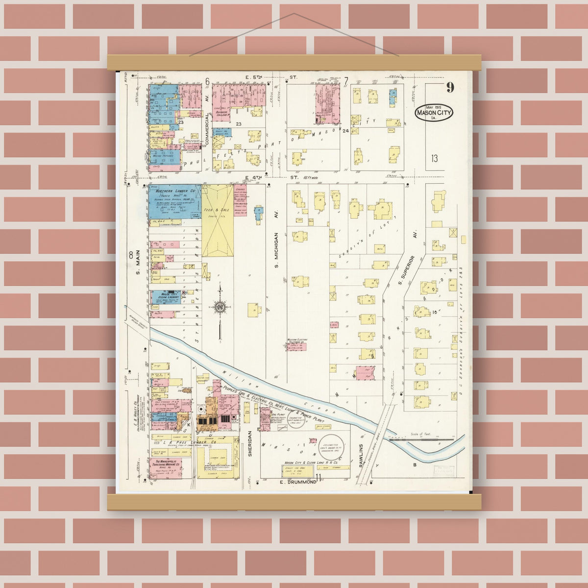 Old map wall art mockup — magnetic wood frame on brick wall — Sanborn Fire Insurance Map from Mason City, Cerro Gordo County, Iowa (1915), Sheet #0009