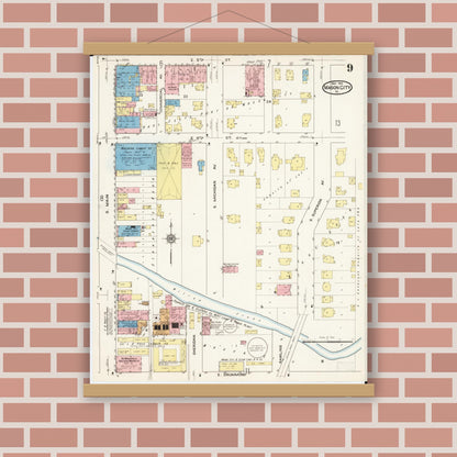 Old map wall art mockup — magnetic wood frame on brick wall — Sanborn Fire Insurance Map from Mason City, Cerro Gordo County, Iowa (1915), Sheet #0009