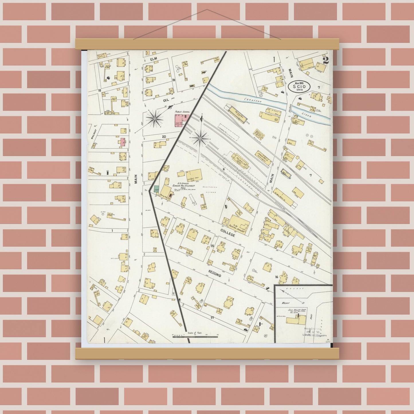 Old map wall art mockup — magnetic wood frame on brick wall — Sanborn Fire Insurance Map from Scio, Harrison County, Ohio (1899), Sheet #0002