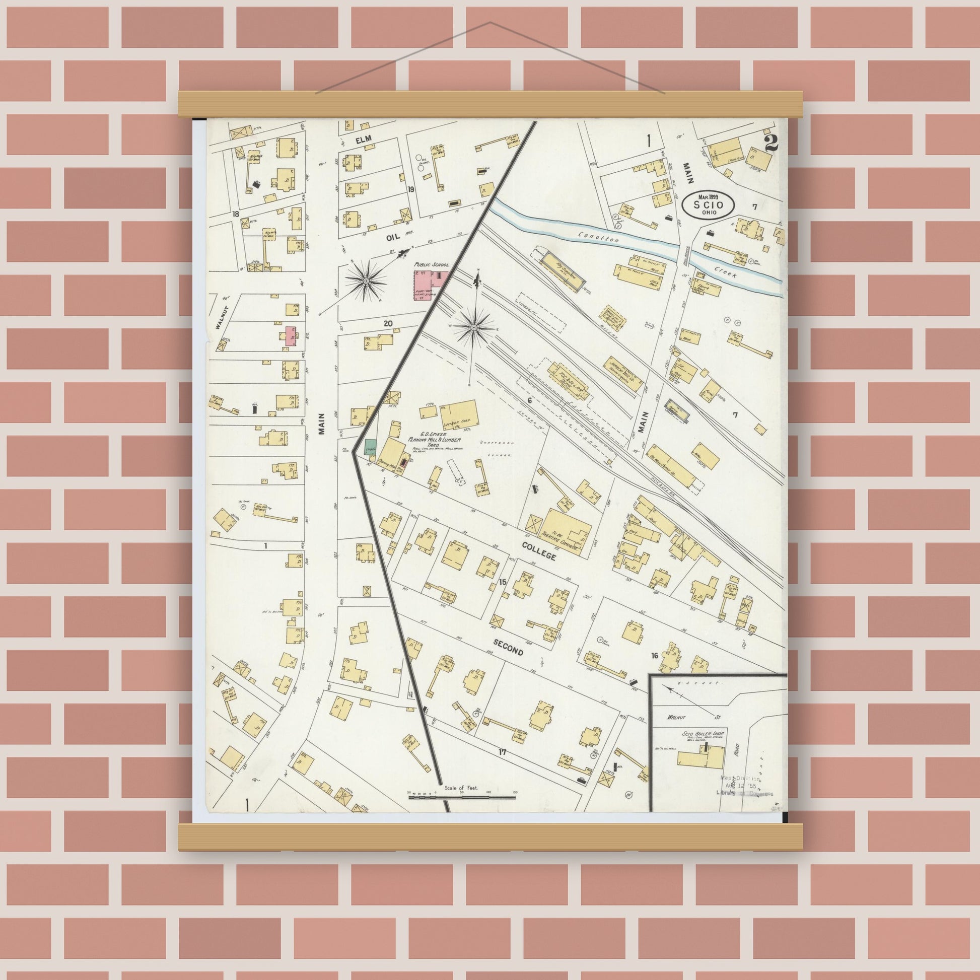 Old map wall art mockup — magnetic wood frame on brick wall — Sanborn Fire Insurance Map from Scio, Harrison County, Ohio (1899), Sheet #0002