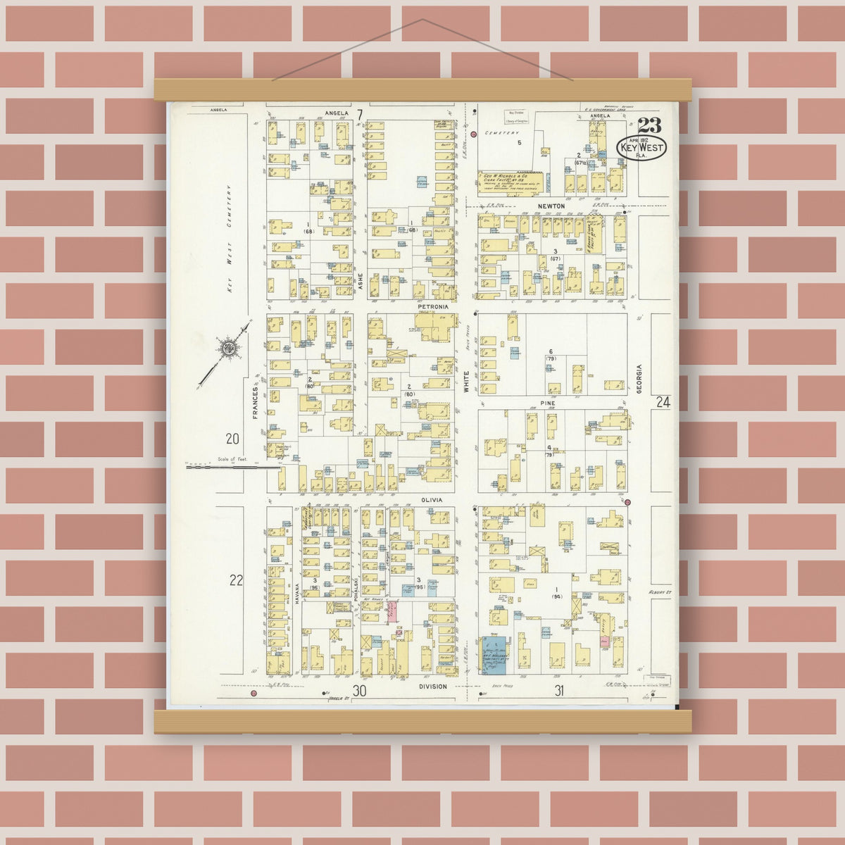 Old map wall art mockup — magnetic wood frame on brick wall — Sanborn Fire Insurance Map from Key West, Monroe County, Florida (1912), Sheet #0023