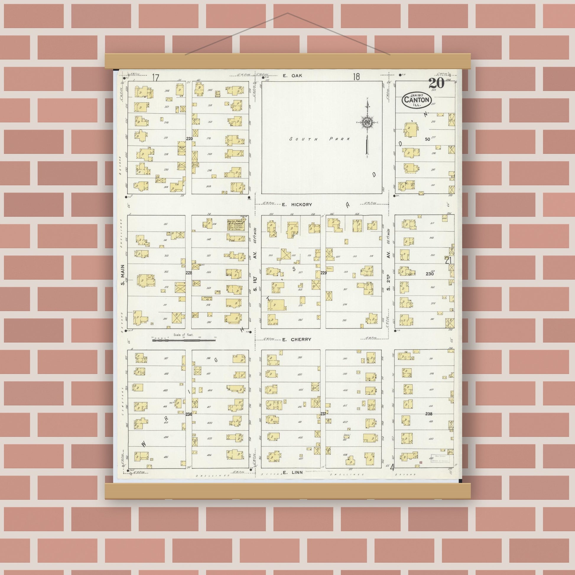 Old map wall art mockup — magnetic wood frame on brick wall — Sanborn Fire Insurance Map from Canton, Fulton County, Illinois (1917), Sheet #0020
