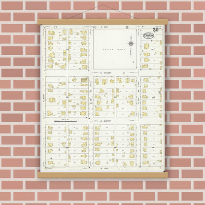 Old map wall art mockup — magnetic wood frame on brick wall — Sanborn Fire Insurance Map from Canton, Fulton County, Illinois (1917), Sheet #0020