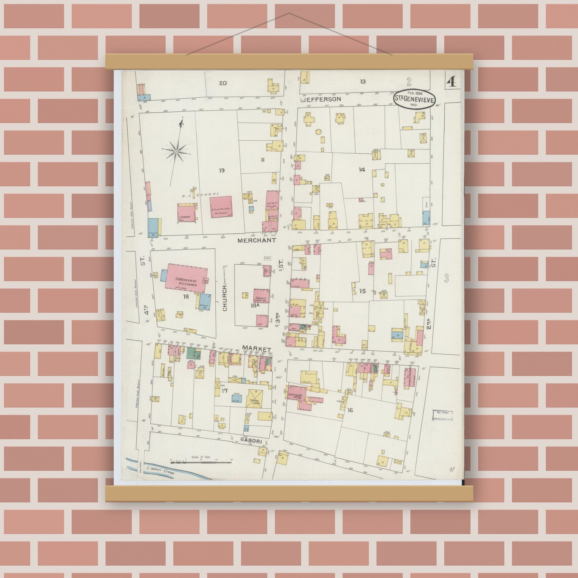 Old map wall art mockup — magnetic wood frame on brick wall — Sanborn Fire Insurance Map from Sainte Genevieve, Saint Genevieve County, Missouri (1894), Sheet #0004