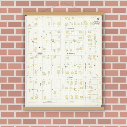 Old map wall art mockup — magnetic wood frame on brick wall — Sanborn Fire Insurance Map from Paulding, Paulding County, Ohio (1907), Sheet #0003