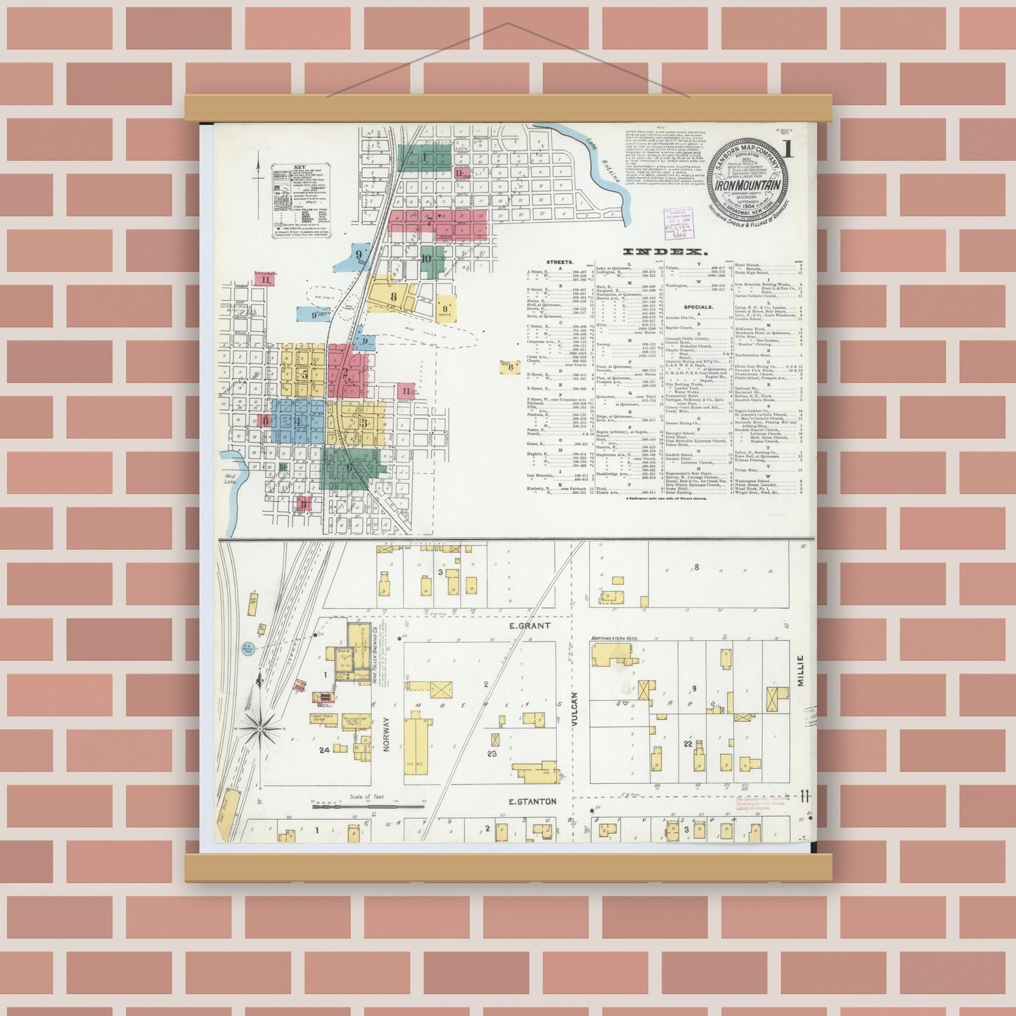 Old map wall art mockup — magnetic wood frame on brick wall — Sanborn Fire Insurance Map from Iron Mountain, Dickinson County, Michigan (1904) - Complete Map Set