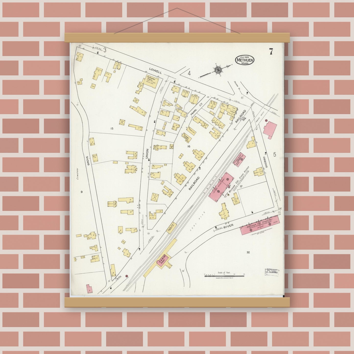 Old map wall art mockup — magnetic wood frame on brick wall — Sanborn Fire Insurance Map from Methuen, Essex County, Massachusetts (1919), Sheet #0007