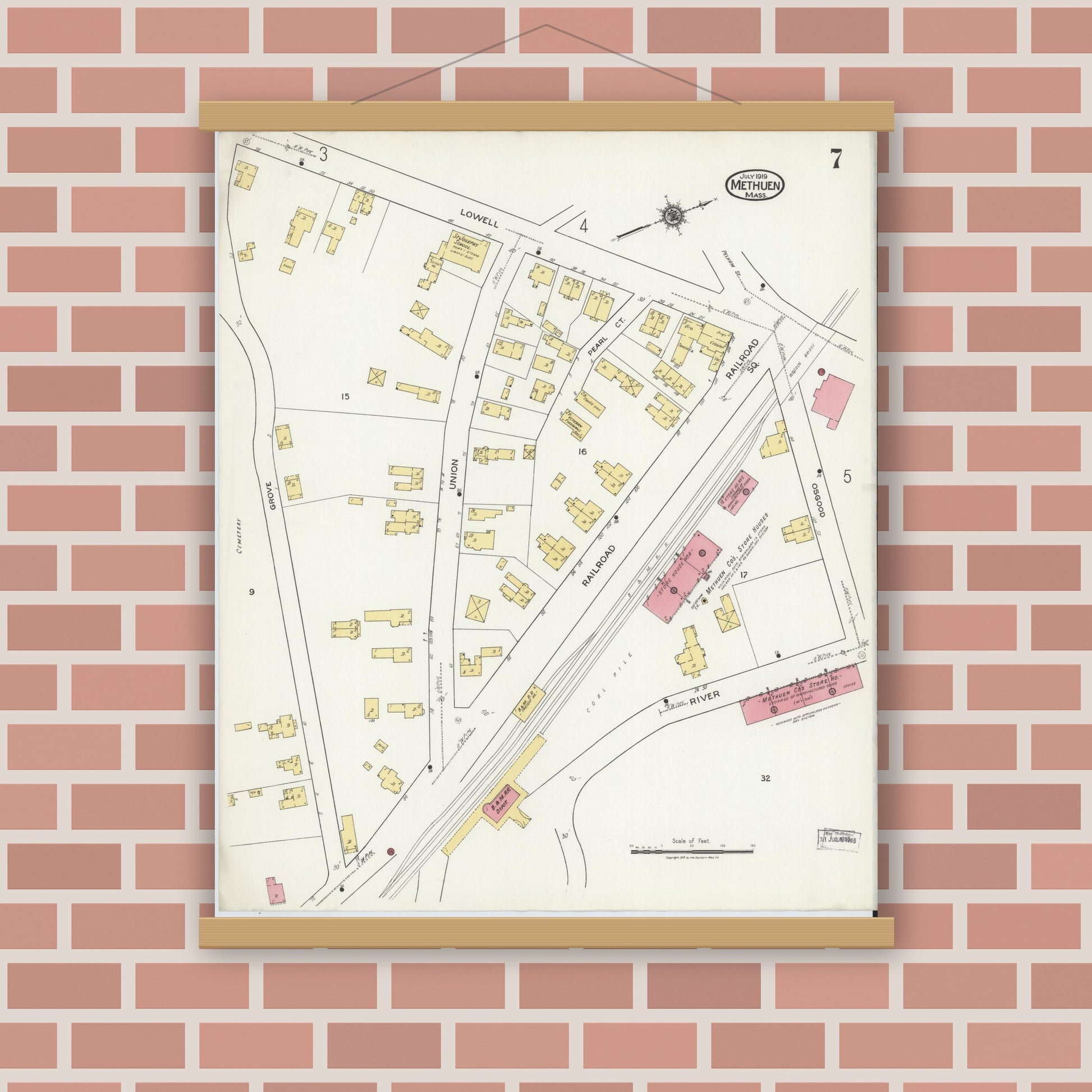 Old map wall art mockup — magnetic wood frame on brick wall — Sanborn Fire Insurance Map from Methuen, Essex County, Massachusetts (1919), Sheet #0007