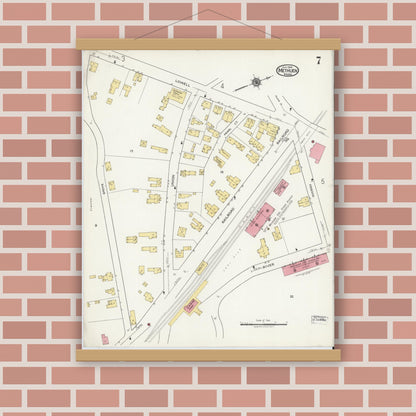 Old map wall art mockup — magnetic wood frame on brick wall — Sanborn Fire Insurance Map from Methuen, Essex County, Massachusetts (1919), Sheet #0007