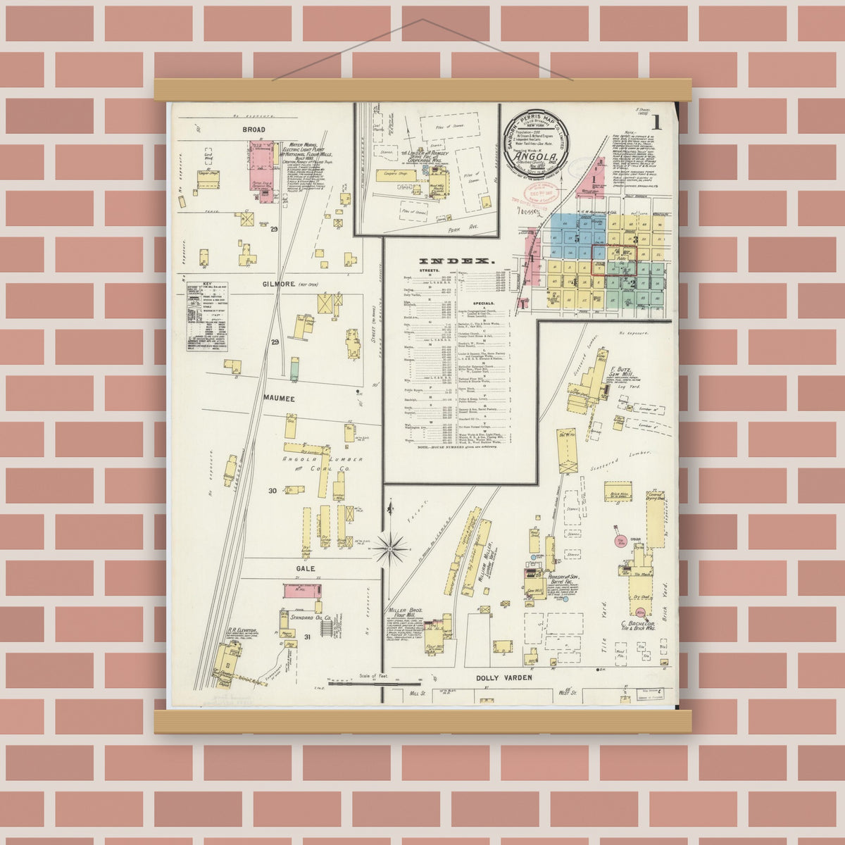 Old map wall art mockup — magnetic wood frame on brick wall — Sanborn Fire Insurance Map from Angola, Steuben County, Indiana (1897) - Complete Map Set