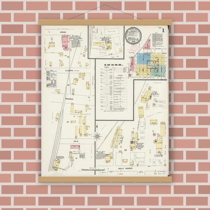 Old map wall art mockup — magnetic wood frame on brick wall — Sanborn Fire Insurance Map from Angola, Steuben County, Indiana (1897) - Complete Map Set
