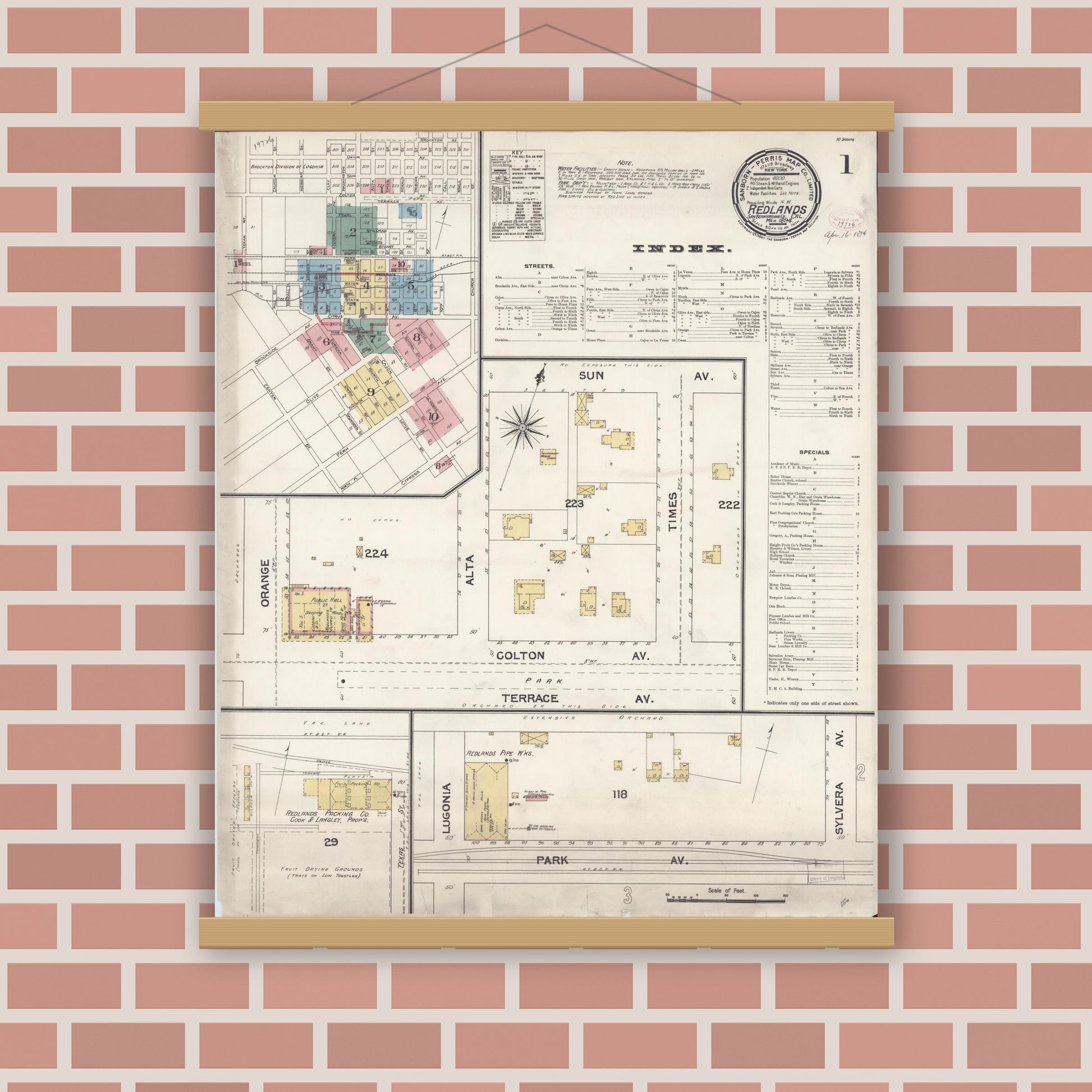 Old map wall art mockup — magnetic wood frame on brick wall — Sanborn Fire Insurance Map from Redlands, San Bernardino County, California (1894) - Complete Map Set