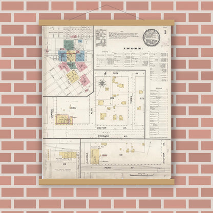 Old map wall art mockup — magnetic wood frame on brick wall — Sanborn Fire Insurance Map from Redlands, San Bernardino County, California (1894) - Complete Map Set