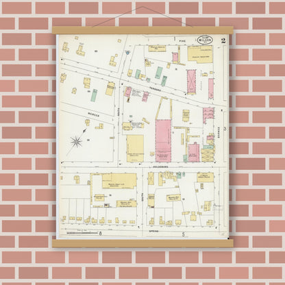 Old map wall art mockup — magnetic wood frame on brick wall — Sanborn Fire Insurance Map from Wilson, Wilson County, North Carolina (1897), Sheet #0002