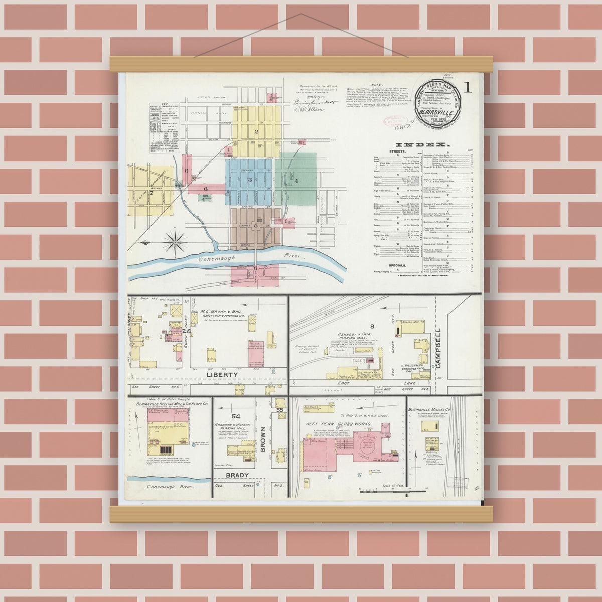 Old map wall art mockup — magnetic wood frame on brick wall — Sanborn Fire Insurance Map from Blairsville, Indiana County, Pennsylvania (1892) - Complete Map Set