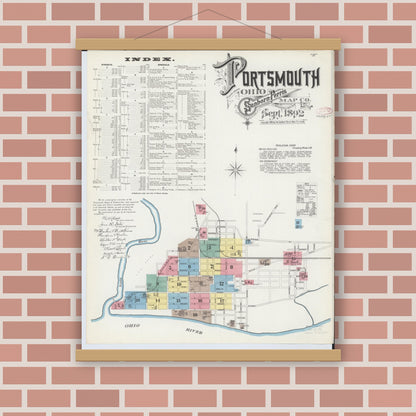 Old map wall art mockup — magnetic wood frame on brick wall — Sanborn Fire Insurance Map from Portsmouth, Scioto County, Ohio (1892), Sheet #0001