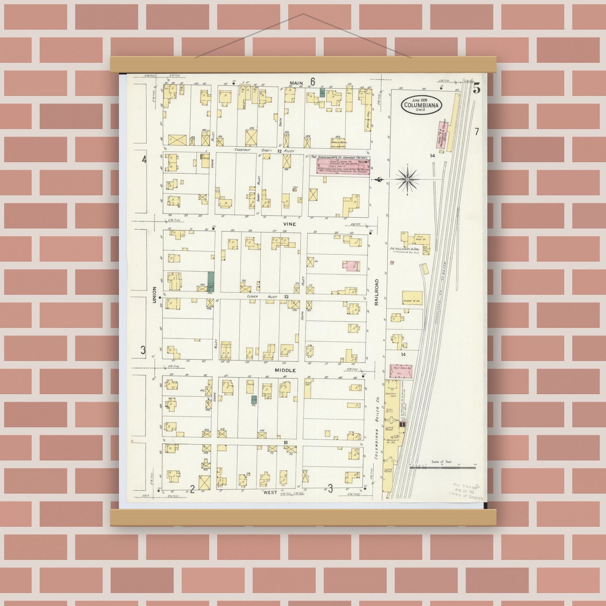 Old map wall art mockup — magnetic wood frame on brick wall — Sanborn Fire Insurance Map from Columbiana, Columbiana County, Ohio (1909), Sheet #0005