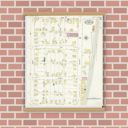 Old map wall art mockup — magnetic wood frame on brick wall — Sanborn Fire Insurance Map from Columbiana, Columbiana County, Ohio (1909), Sheet #0005
